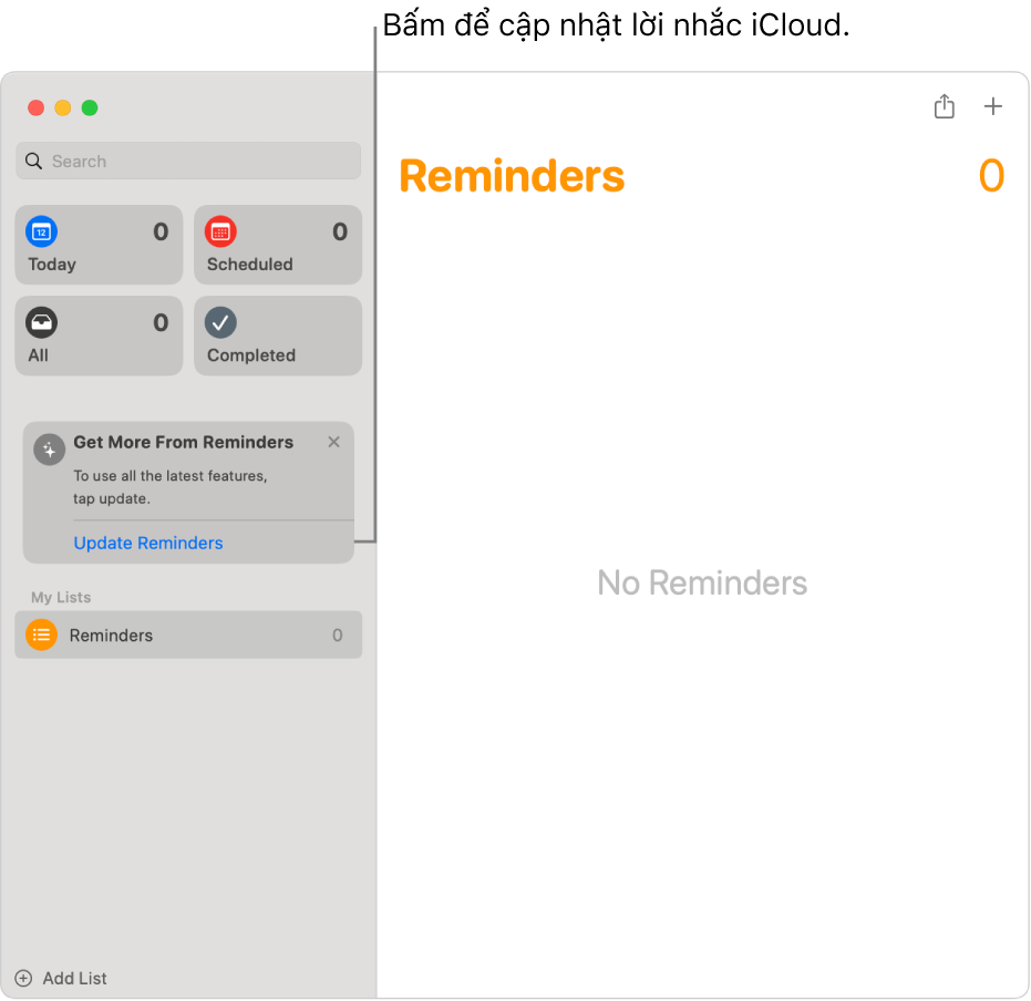 Một cửa sổ Lời nhắc đang hiển thị nút Cập nhật trong thanh bên.