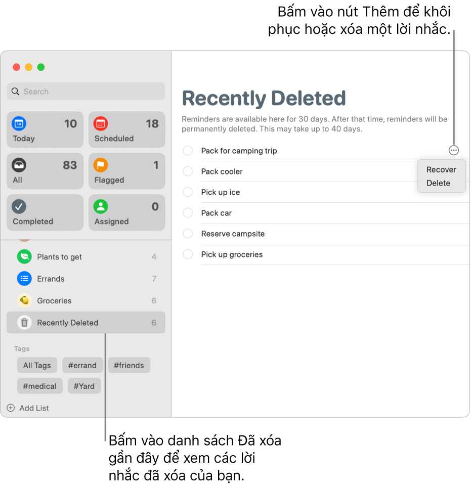 Một cửa sổ Lời nhắc đang hiển thị danh sách Đã xóa gần đây được chọn trong thanh bên, và nút Thêm cho một lời nhắc đang hiển thị các tùy chọn Khôi phục hoặc Xóa.