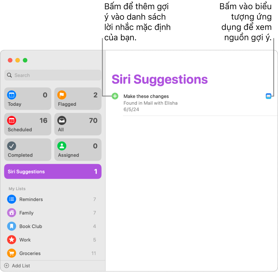 Một danh sách Gợi ý của Siri trong ứng dụng Lời nhắc đang hiển thị một lời nhắc được gợi ý từ ứng dụng Mail.
