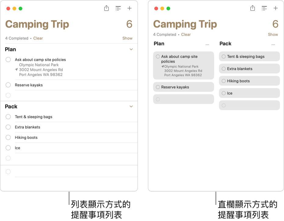 左側顯示以列表檢視的提醒事項列表；右側顯示以直欄檢視的相同提醒事項列表。提醒事項列表包含兩個段落；段落標題用於直欄標頭。