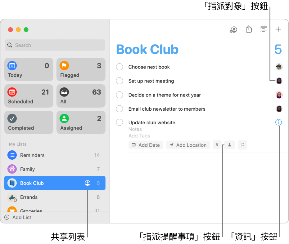 「提醒事項」視窗顯示一個共享列表，其中包含指派的提醒事項。