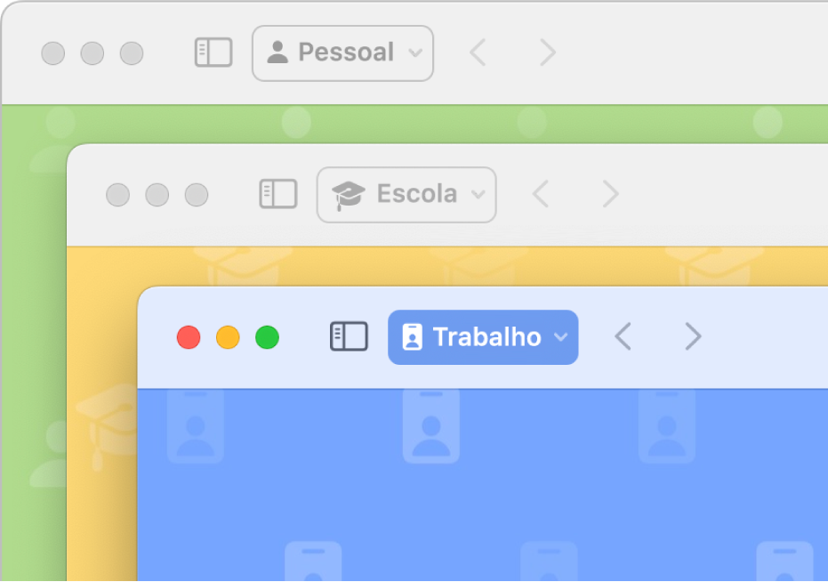 Três janelas de perfil do Safari: um para uso pessoal, outro para a escola e outro para o trabalho.
