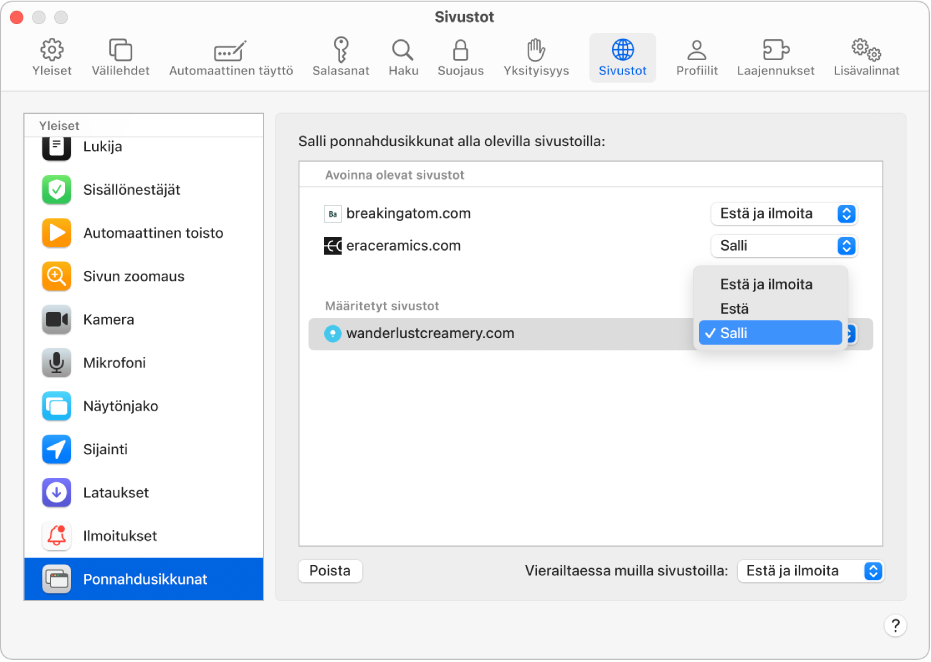 Safari-asetusten Ponnahdusikkunat-valinta, jossa Salli on valittuna määritetylle verkkosivustolle.