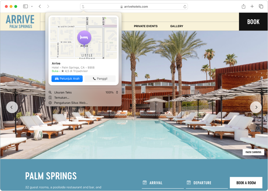 App Safari yang menampilkan Sorotan untuk tujuan hotel di Palm Springs, termasuk peta, tombol untuk menelepon hotel dan mendapatkan petunjuk arah, serta tautan untuk memesan tempat.