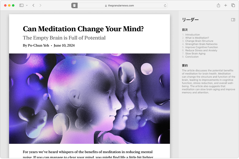 リーダーウインドウ。記事の先頭、目次、および記事の要約が表示されています。