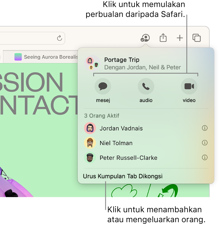 Tetingkap menyenaraikan orang dalam Kumpulan Tab Dikongsi.