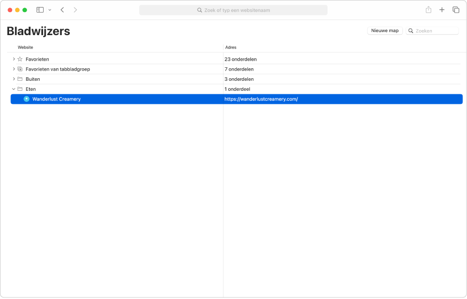 Het venster 'Wijzig bladwijzers' in Safari.