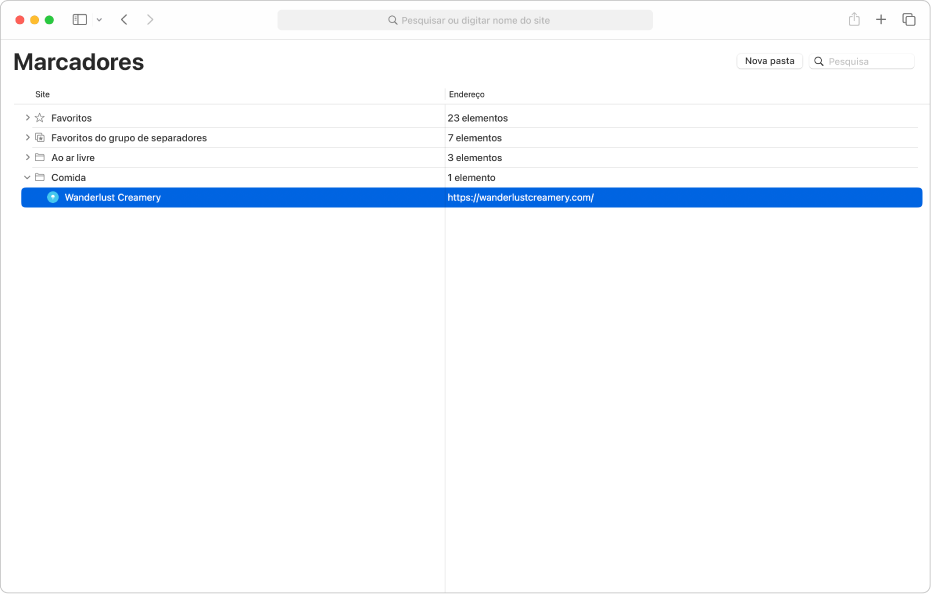 A janela “Editar marcadores” no Safari.