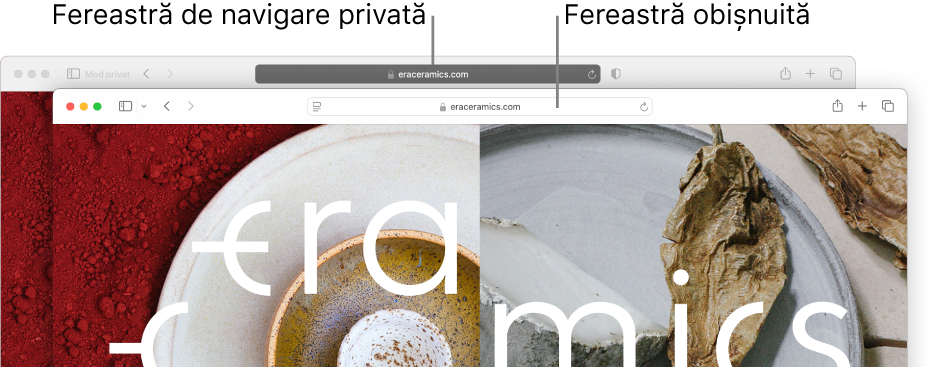 O fereastră Safari privată cu câmpul de căutare inteligentă întunecat și o fereastră Safari obișnuită cu câmpul de căutare inteligentă luminos.