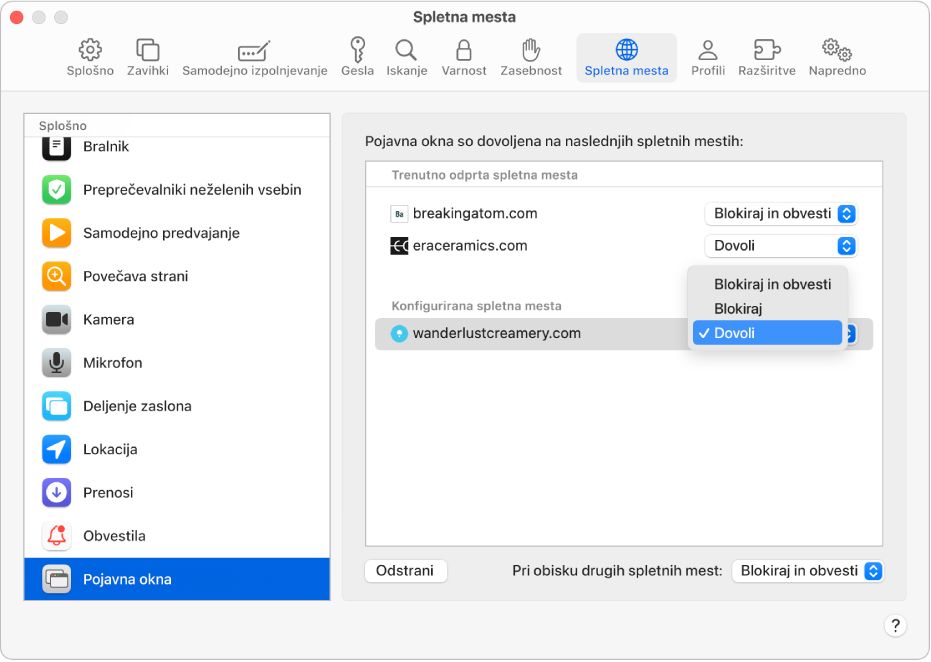 Možnost Pojavna okna za nastavitve Safarija, z Dovoli izbrane za konfigurirano spletno mesto.