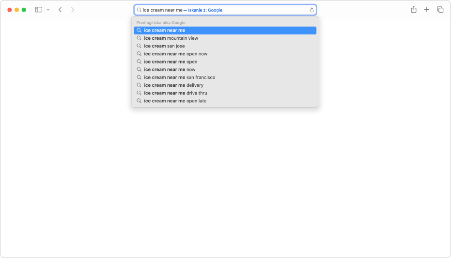 Pametno iskalno polje Safarija, kamor lahko vnesete ime ali URL spletnega mesta.