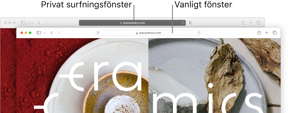 Ett privat Safari-fönster med ett mörkt smart sökfält och ett vanligt Safari-fönster med ett ljust smart sökfält.