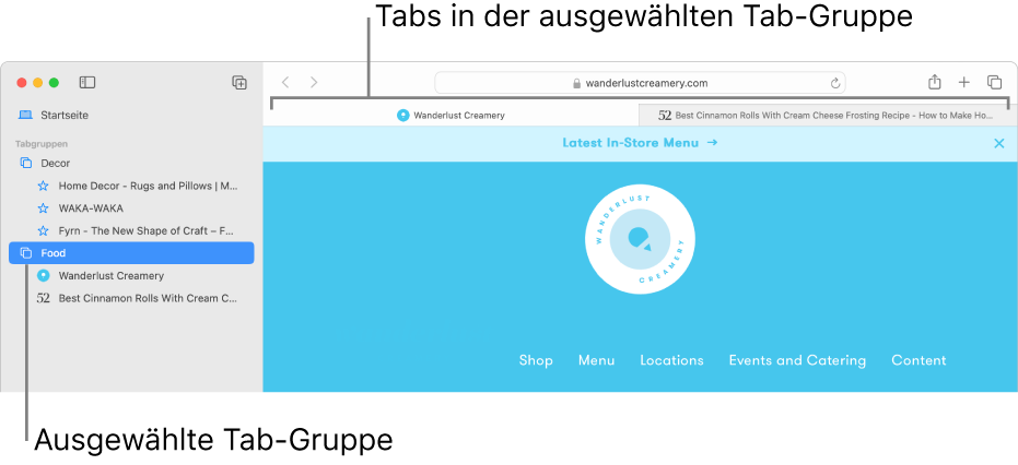 In einem Safari-Fenster wird die Seitenleiste mit einer ausgewählten Tabgruppe angezeigt.