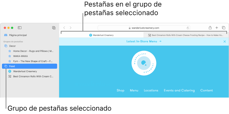 Una ventana de Safari mostrando la barra lateral con un grupo de pestañas seleccionado.