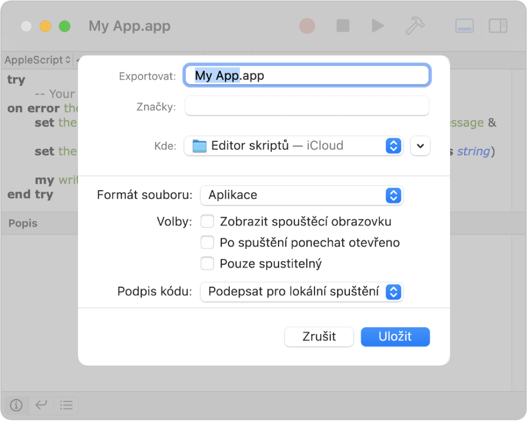 Dialogové okno Exportovat s místní nabídkou Formát souboru, v níž je vybrána volba Aplikace. Dále zde vidíte možnosti, které lze nastavit při ukládání skriptu.