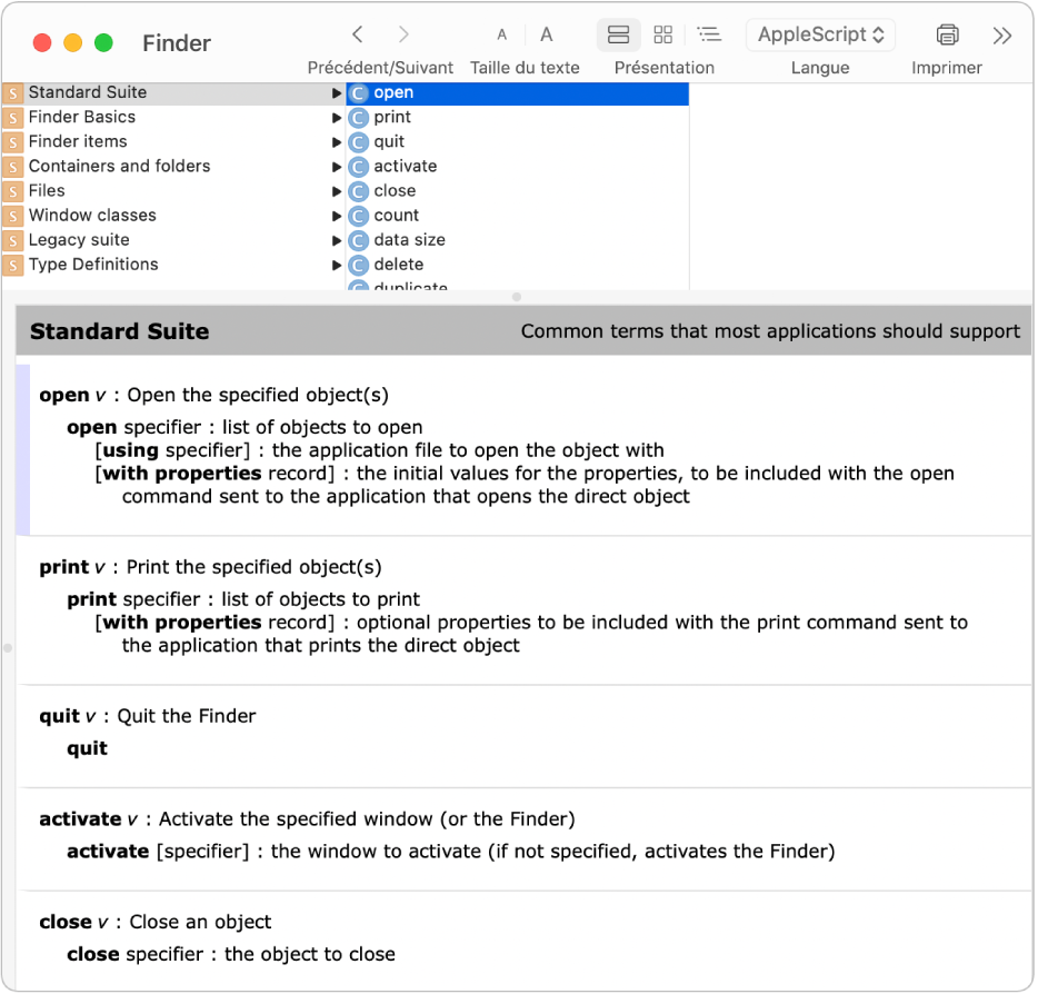 Dictionnaire AppleScript pour le Finder.