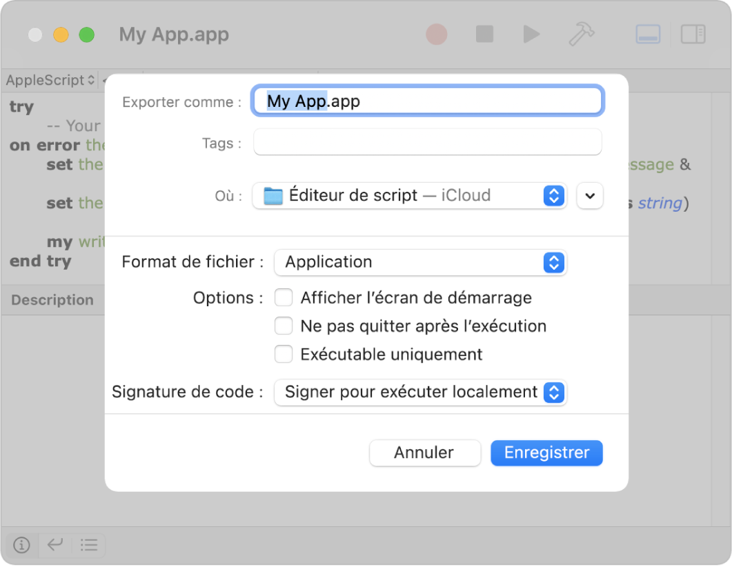 Zone de dialogue Exporter affichant le menu local Format de fichier avec l’option Application sélectionnée et les options que vous pouvez définir lors de l’enregistrement de votre script.