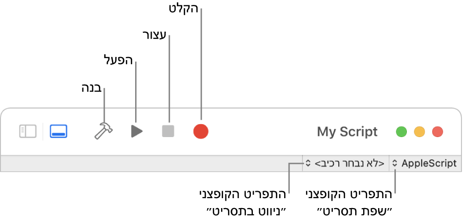 סרגל הכלים של ״עורך התסריטים״ מציג את הפקדים ״הקלטה״, ״עצירה״, ״הפעלה״, ״בנייה״, ״שפת תסריט״ ו״ניווט בתסריט״.