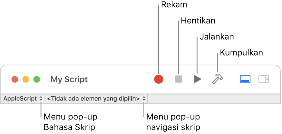 Bar alat Editor Skrip menampilkan rekam, hentikan, jalankan, kumpulkan, bahasa skrip, dan kontrol navigasi skrip.