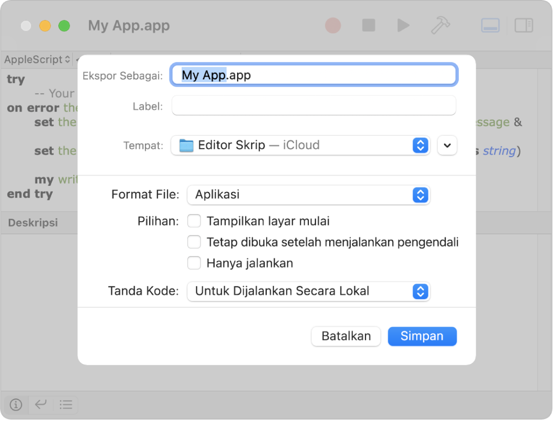 Dialog Ekspor menampilkan menu pop-up Format File dengan Aplikasi dipilih dan pilihan yang dapat Anda atur saat menyimpan skrip Anda.