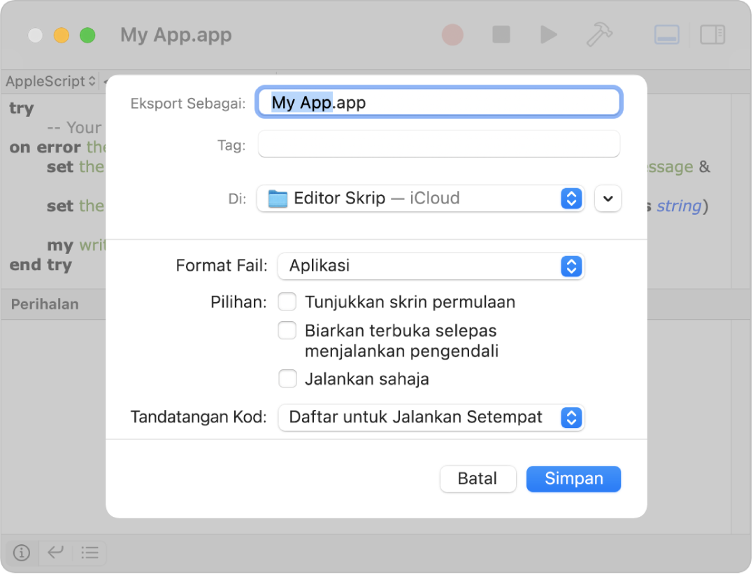 Dialog Eksport menunjukkan klik menu timbul Format Fail dengan Aplikasi dipilih dan pilihan yang anda boleh setkan apabila anda menyimpan skrip anda.