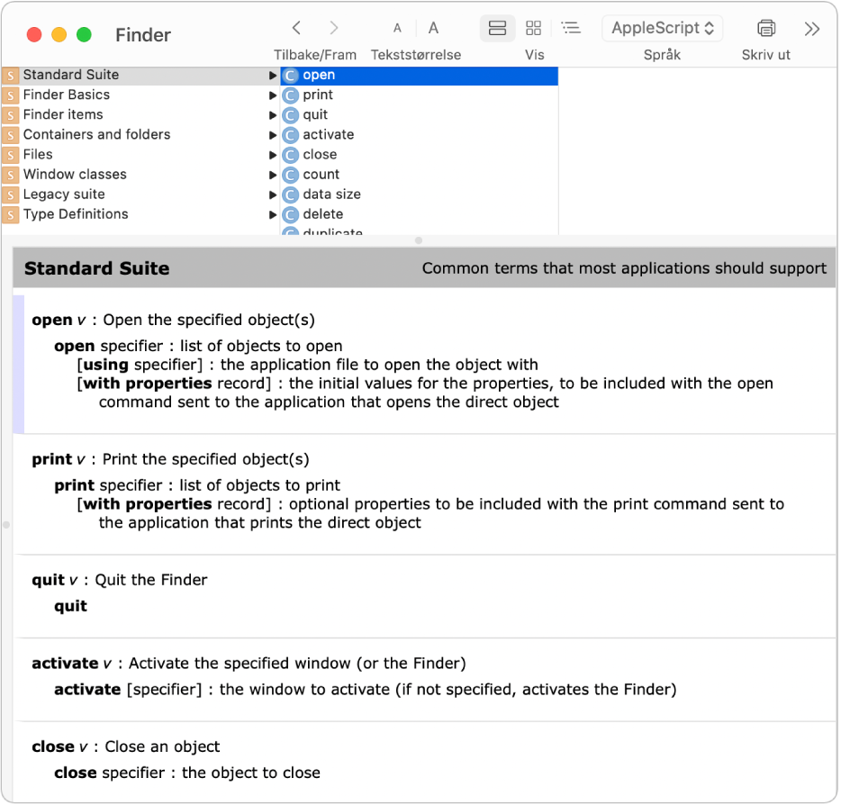 AppleScript-ordlisten for Finder.