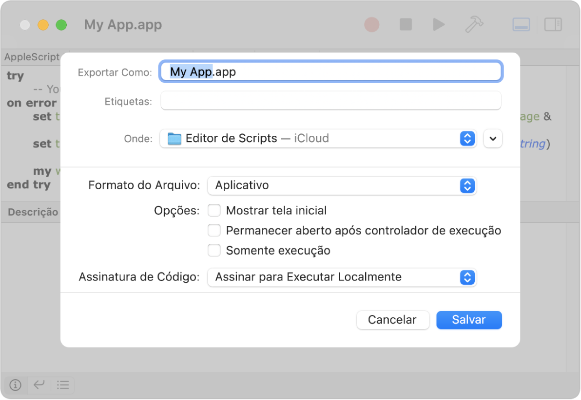 Diálogo de Exportação mostrando o menu local “Formato de Arquivo”, com Aplicativo selecionado e outras opções que podem ser definidas ao salvar o script.