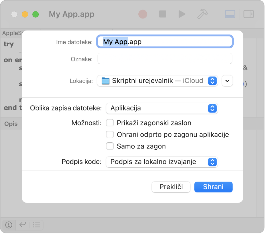 Pogovorno okno za izvoz prikazuje pojavni meni Oblika zapisa z izbrano možnostjo Aplikacija in možnostmi, ki so na voljo pri shranjevanju skrtipta.