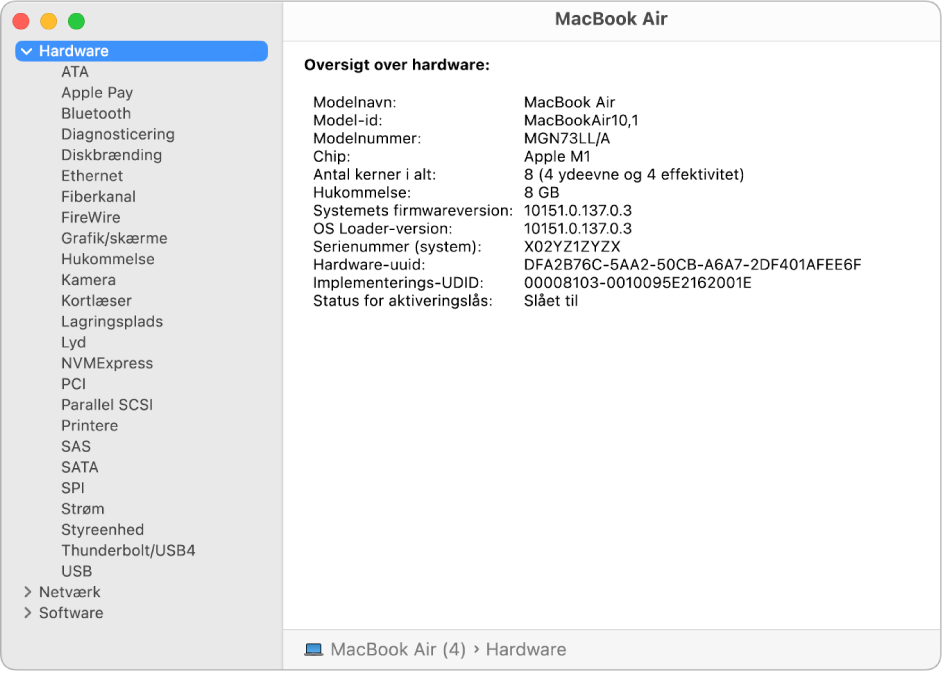 Afsnittet Hardwareoversigt i en systemrapport.