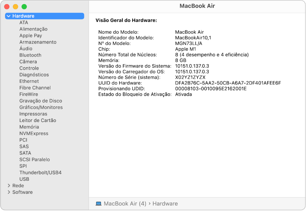 Seção “Visão Geral do Hardware” de um relatório do sistema.