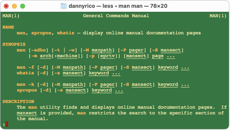 Una finestra del Terminal que mostra els detalls de la pàgina man de l’ordre “man”.