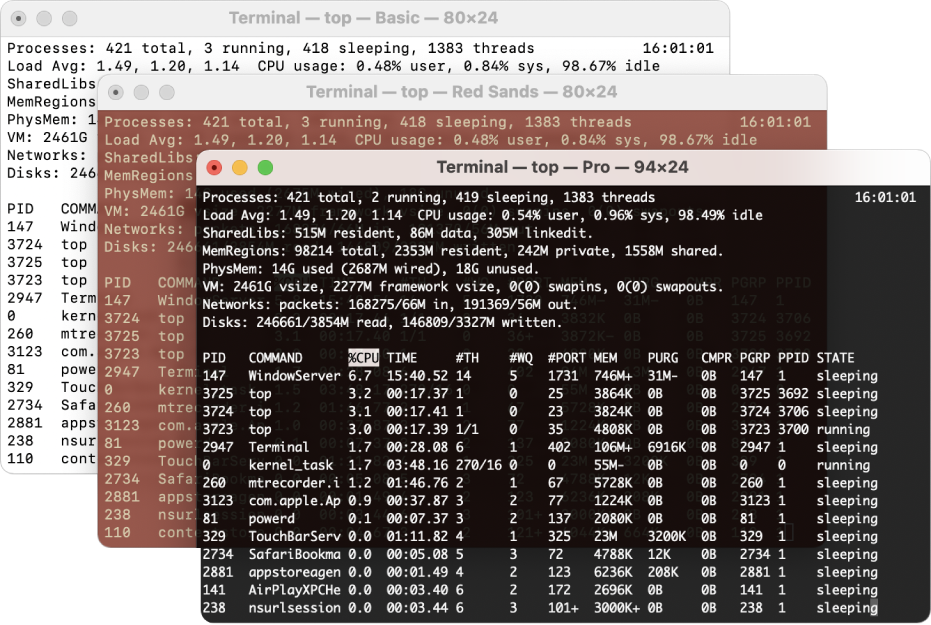 Un grupo de ventanas configuradas con perfiles distintos para facilitar su identificación.