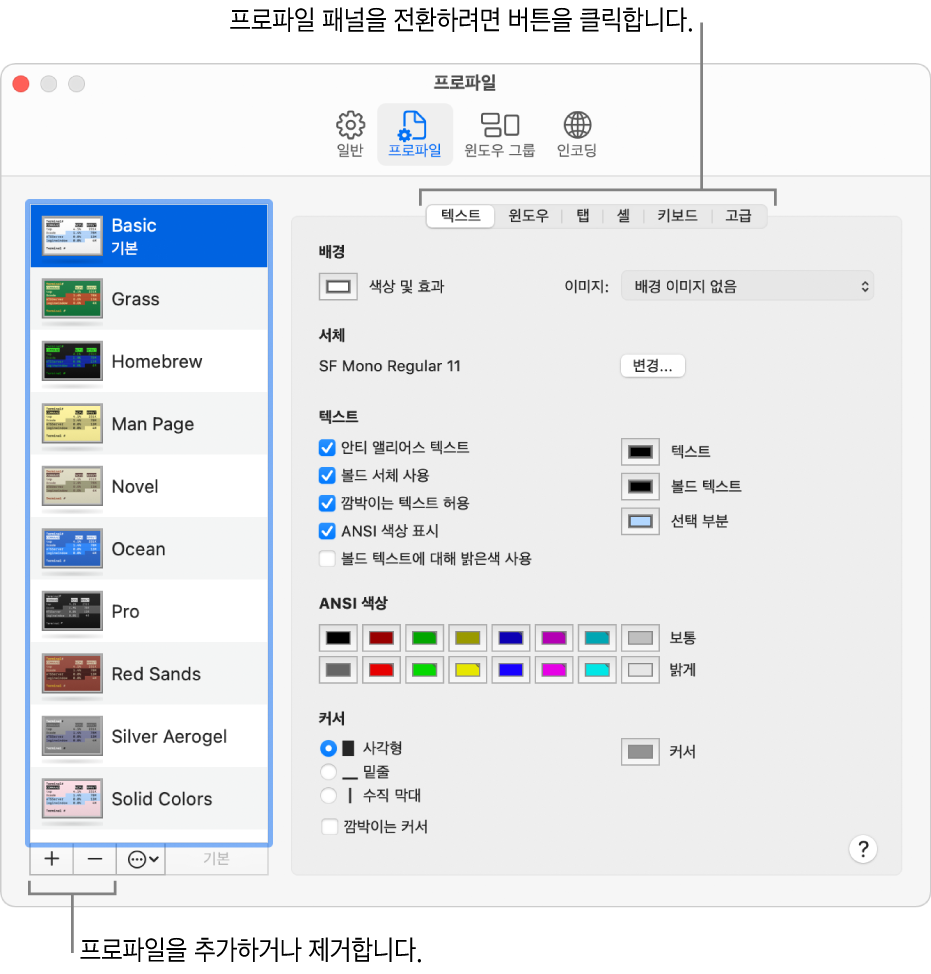 기본 프로필이 선택되어 있고, 프로필을 추가 또는 제거할 수 있는 버튼 및 프로필 패널을 전환하는 데 사용되는 버튼이 있는 터미널 프로필 패널.