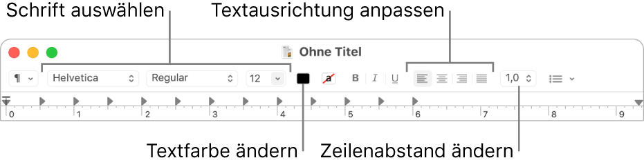 Die TextEdit-Symbolleiste für ein Textdokument mit formatiertem Text mit Schrift- und Textausrichtung und Absatzsteuerelementen