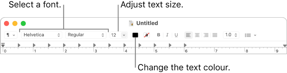 The TextEdit toolbar showing options that adjust text size, colour and font.