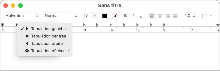 La règle, présentant les options de taquet de tabulation.