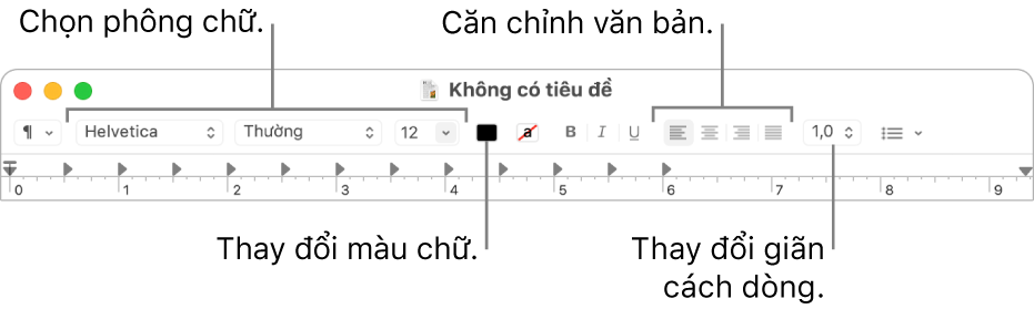 Thanh công cụ TextEdit cho tài liệu văn bản đa dạng thức, đang hiển thị phông chữ, các điều khiển căn chỉnh văn bản và giãn cách.