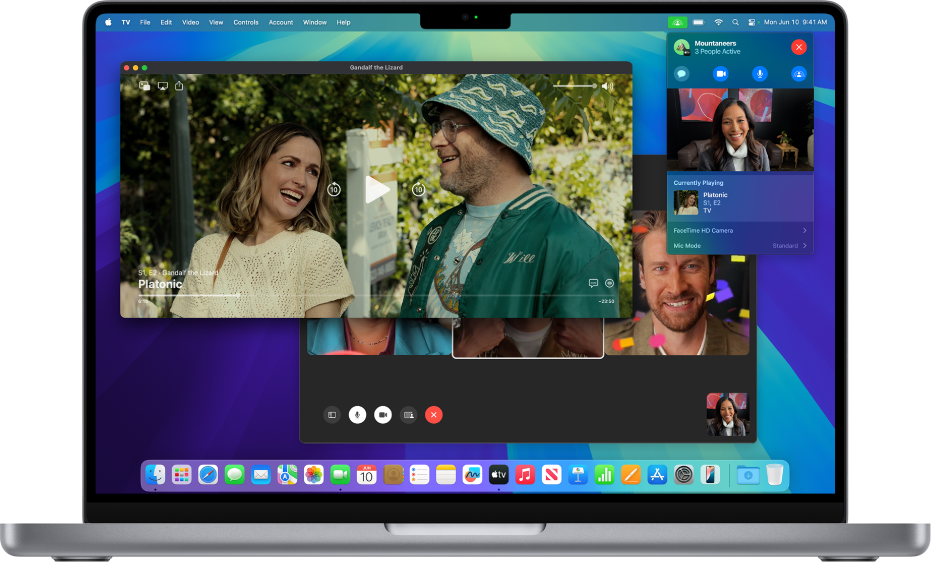 Sesión de SharePlay en una Mac mostrando una app Apple TV y una llamada de FaceTime en vivo.