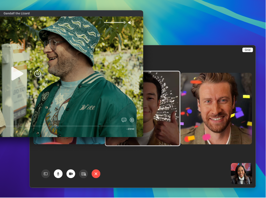 El visor de la app Apple TV con la ventana de la app FaceTime detrás.