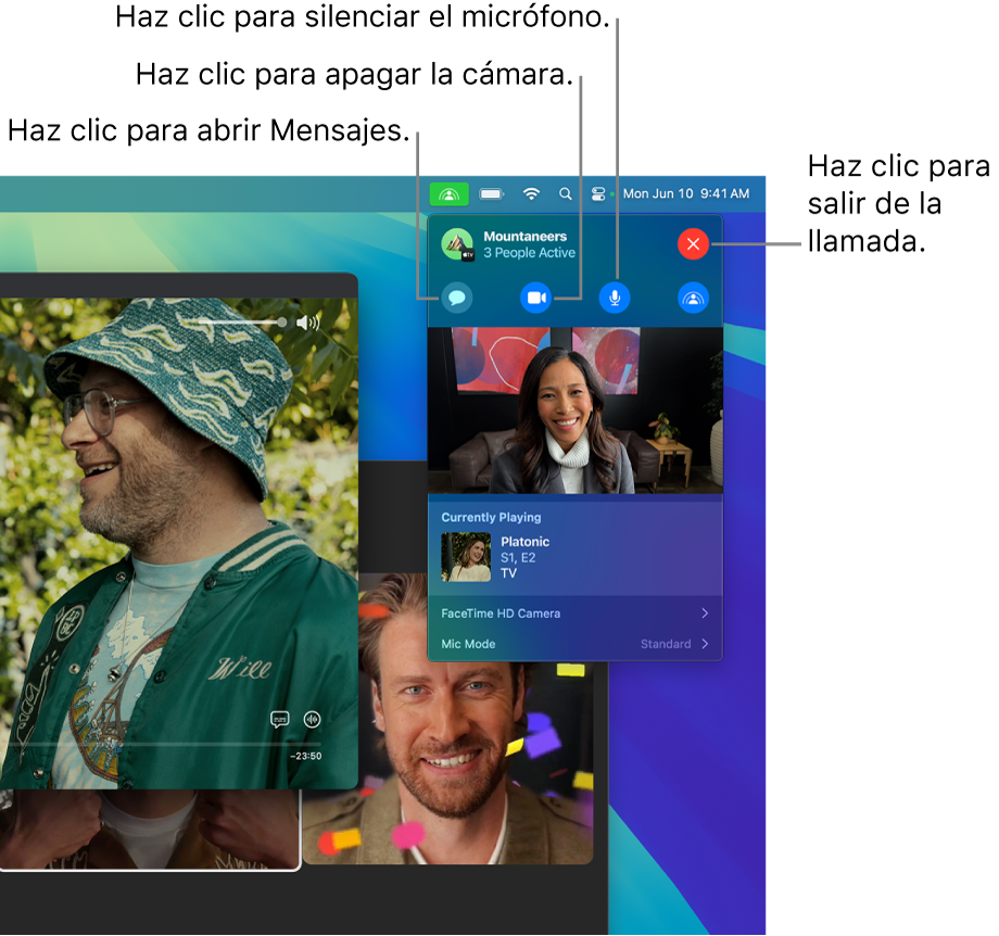 Controles de SharePlay mostrados en la barra de menús, incluidos botones para abrir la app Mensajes, silenciar el micrófono, desactivar la cámara y abandonar la llamada.