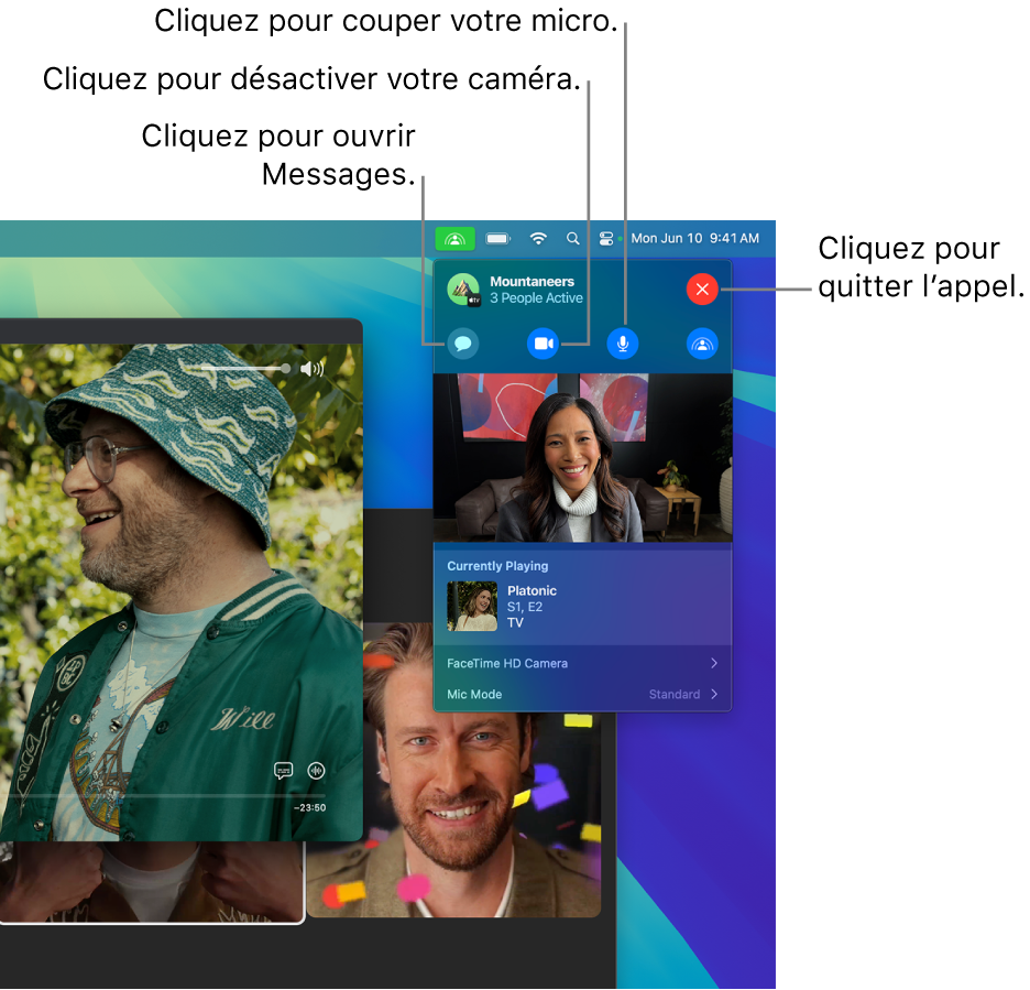 Commandes SharePlay affichées dans la barre des menus, y compris les boutons permettant d’ouvrir l’app Messages, de couper le son du microphone, de désactiver l’appareil photo et de quitter l’appel.