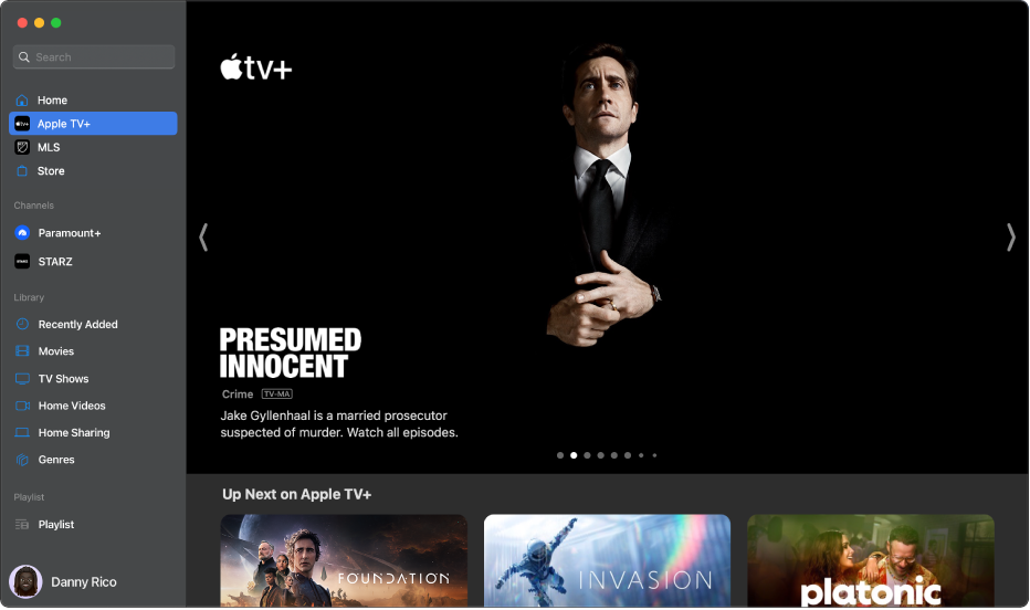 L’app Apple TV con il pannello Apple TV+ aperto.