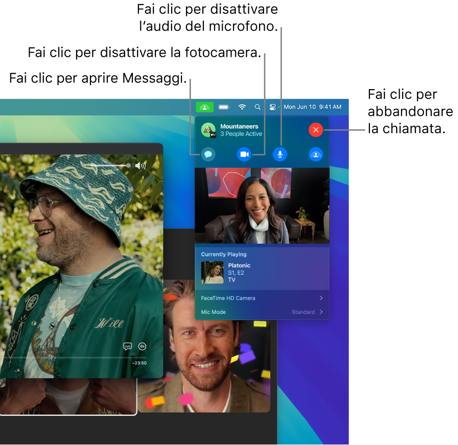 I controlli SharePlay visualizzati nella barra dei menu, compresi i pulsanti per aprire l’app Messaggi, disattivare il microfono, spegnere la fotocamera e abbandonare la chiamata.