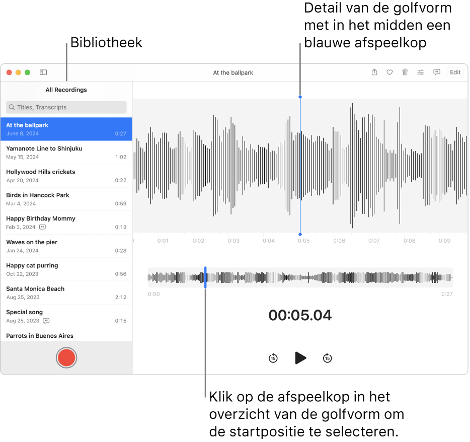 De app Dictafoon met links de opnamen in de bibliotheek. De geselecteerde opname wordt weergegeven in het venster rechts van de lijst, als een detail van een golfvorm met in het midden een blauwe afspeelkop. Onder de opname staat het overzicht van de golfvorm.