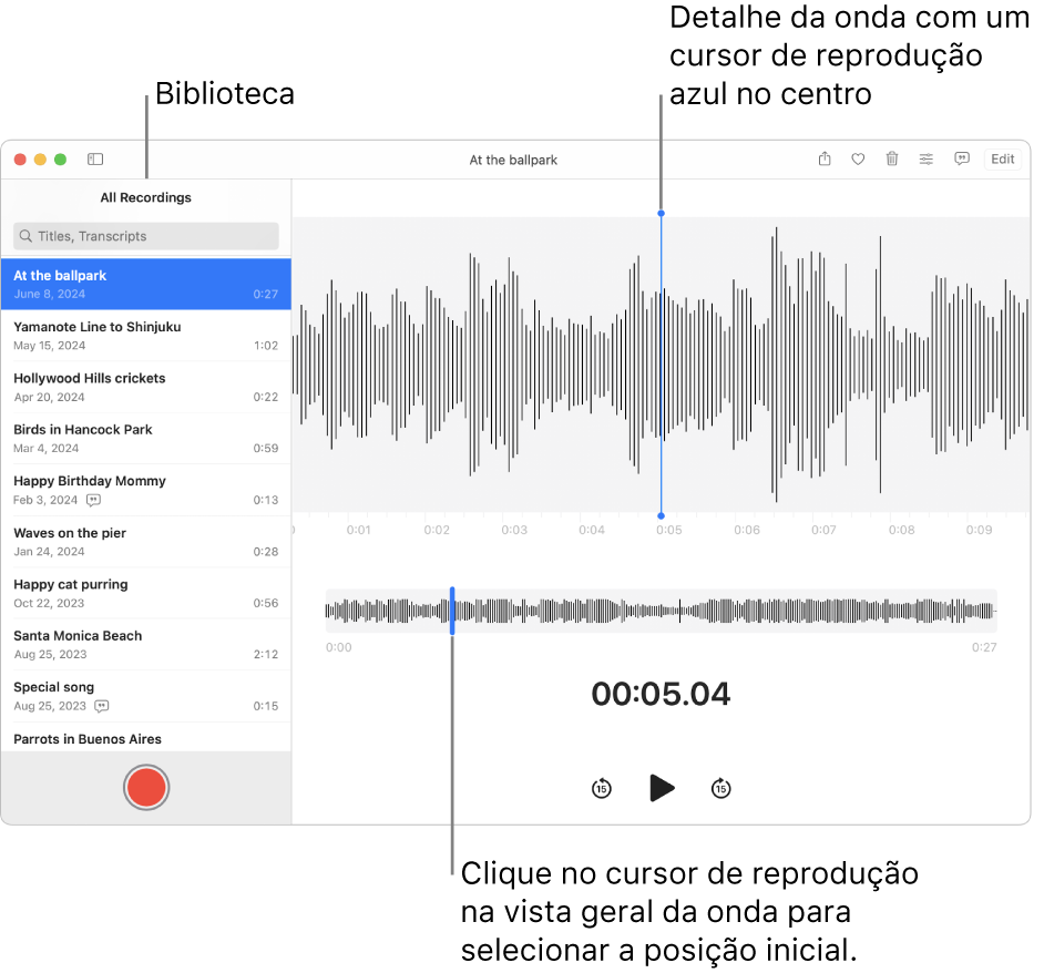 A aplicação Dictafone a mostrar as gravações na biblioteca à esquerda. A gravação selecionada aparece na janela à direita da lista, em forma de onda com um cursor de reprodução azul no centro. Por baixo da gravação encontra-se a visão geral da onda.