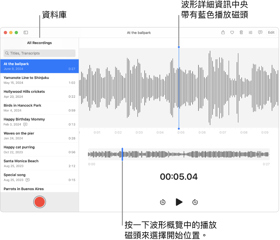 「語音備忘錄」App 在左方資料庫中顯示錄音。所選錄音顯示在列表右方的視窗中，中間有藍色播放磁頭的波形詳細資訊。錄音下方為波形概覽。