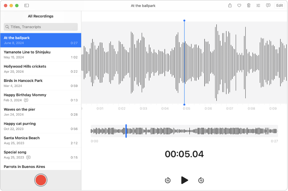 「語音備忘錄」視窗，其中顯示左下角的「錄音」按鈕。