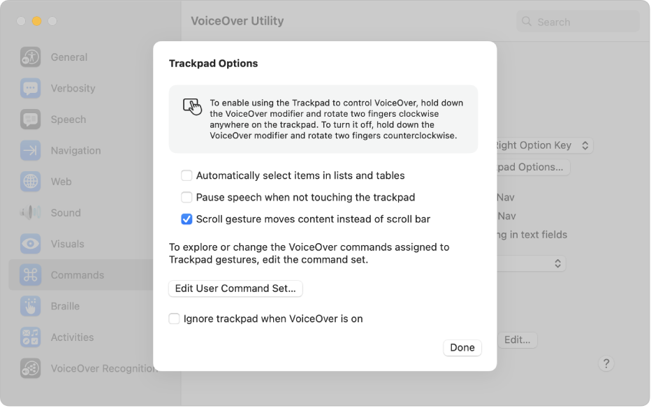 Dialog dalam Utiliti VoiceOver menunjukkan seting untuk menggunakan trackpad bagi mengawal VoiceOver.