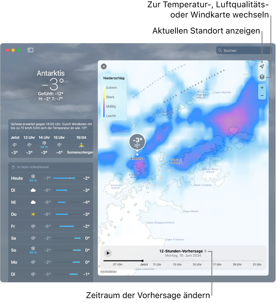 Die App „Wetter“ zeigt den Standort, die aktuelle Temperatur und Wetterverhältnisse, die stündliche und die 10-Tage-Vorhersage sowie eine Zeitleiste.