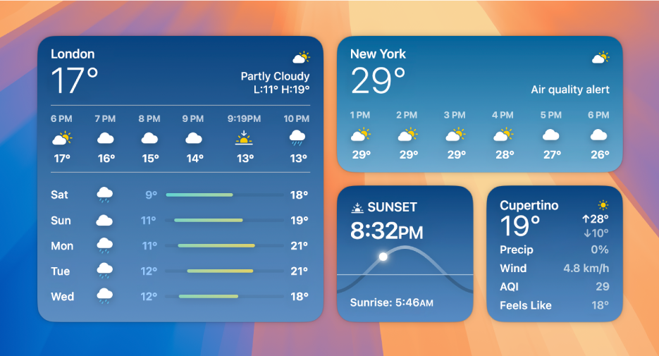 Small, medium and large Weather widgets.